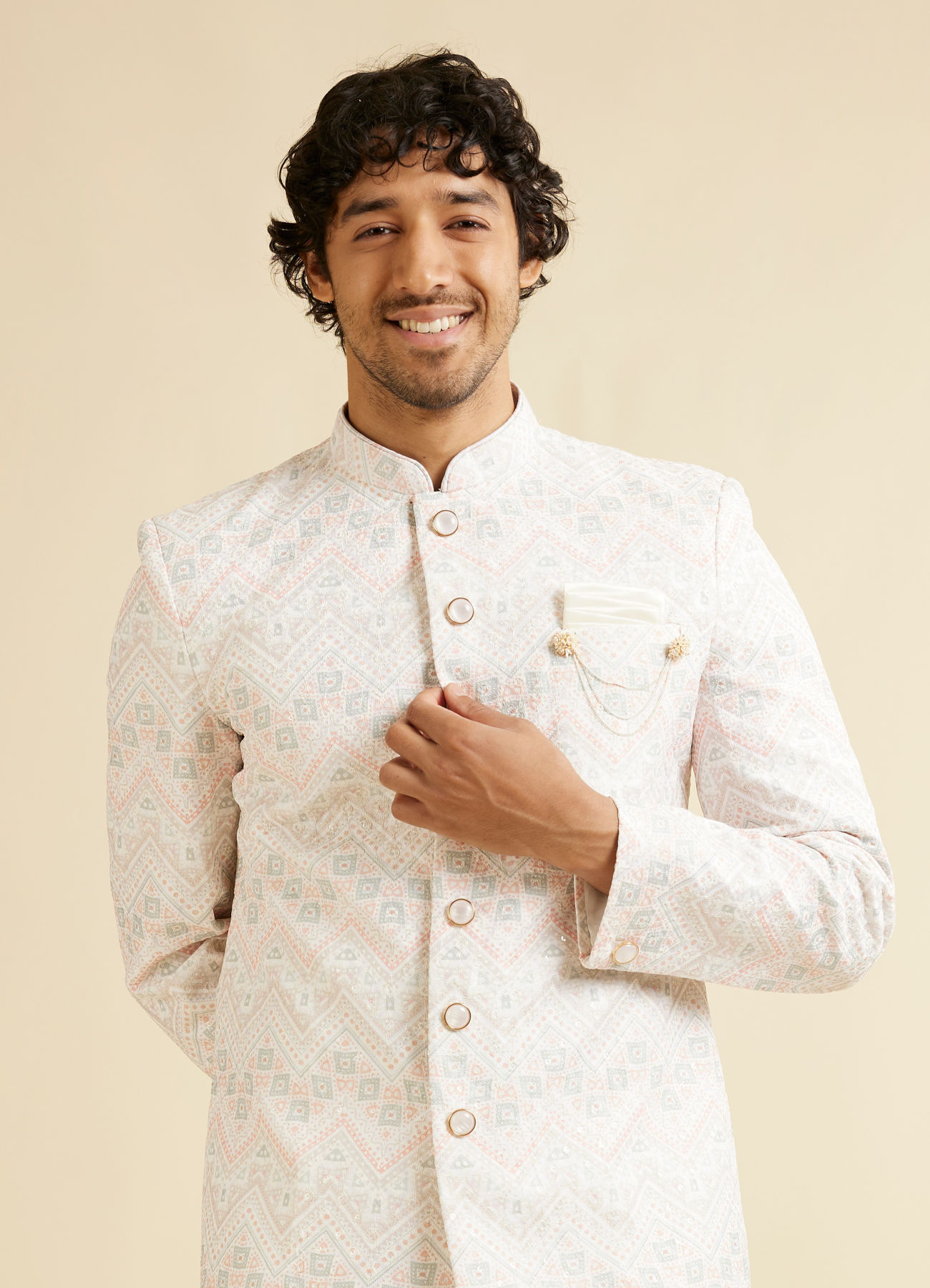 Manyavar Men Snow White Chevron Patterned Sequinned Kurta Set