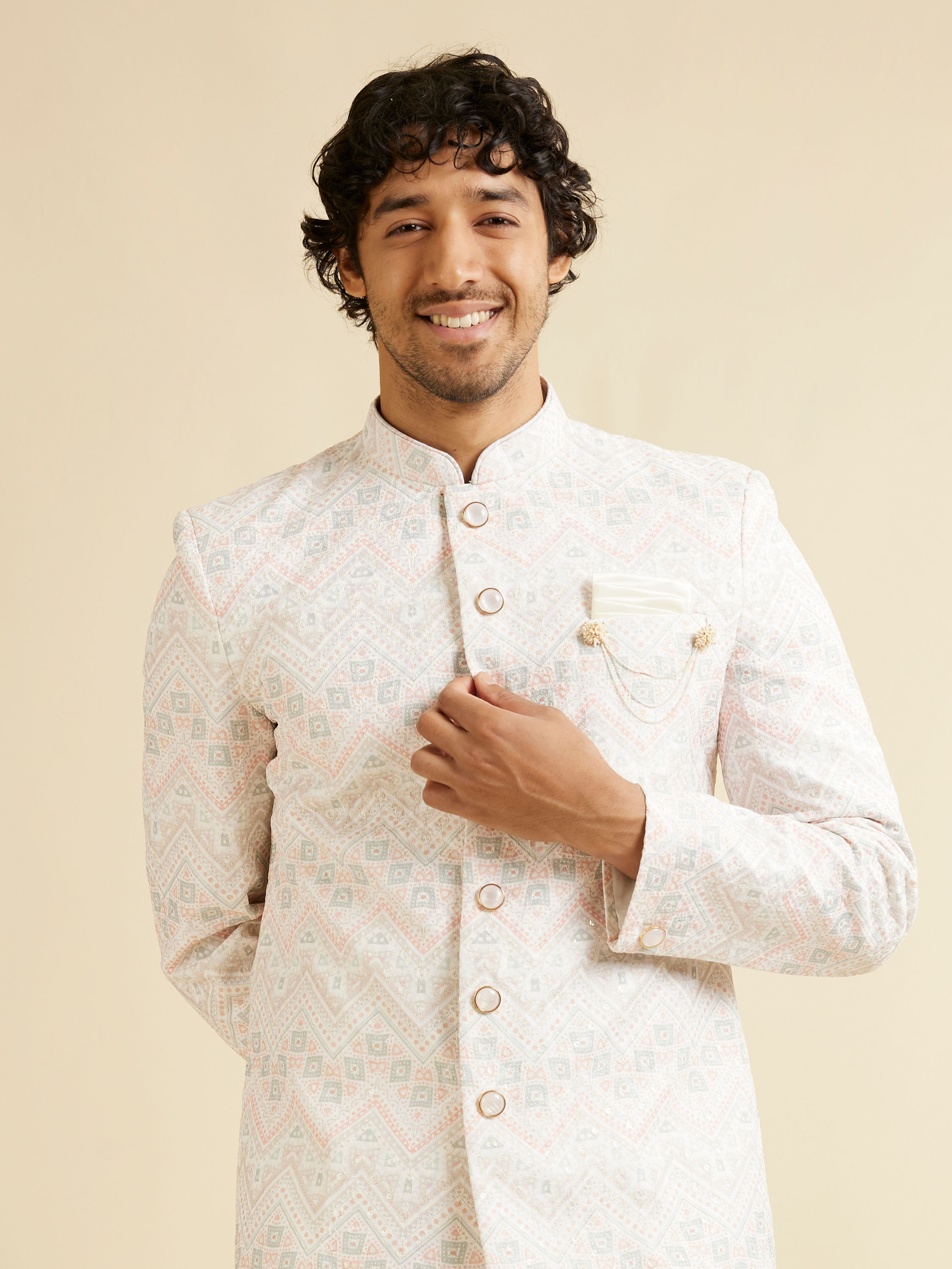 Manyavar Men Snow White Chevron Patterned Sequinned Kurta Set