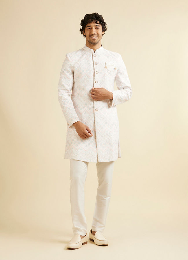 Manyavar Men Snow White Chevron Patterned Sequinned Kurta Set