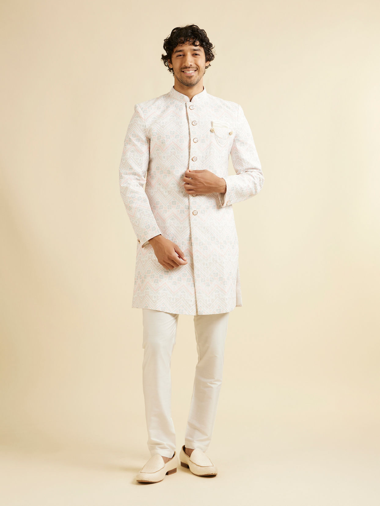 Manyavar Men Snow White Chevron Patterned Sequinned Kurta Set