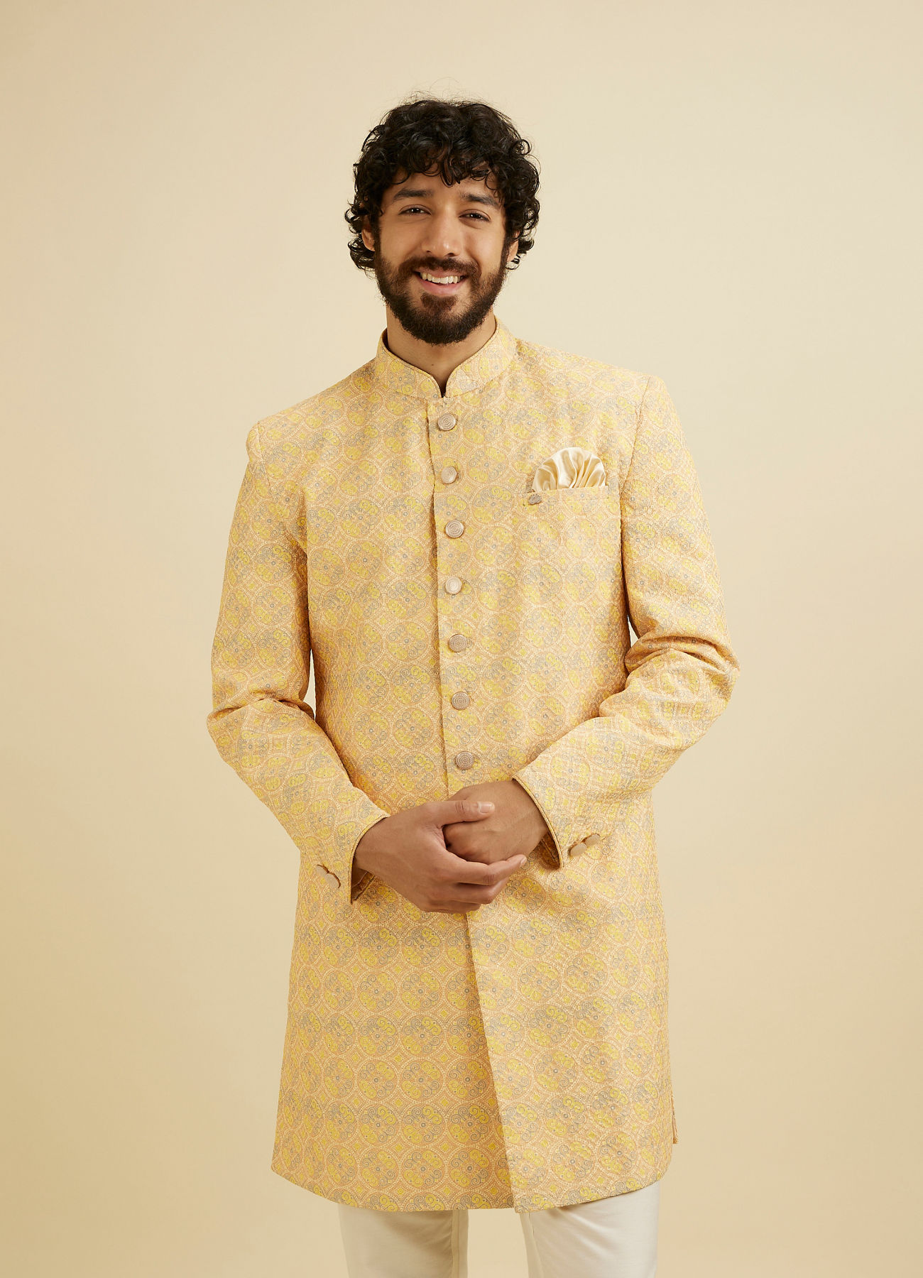 Manyavar Men Luminous Yellow Kurta Pajama Extravaganza