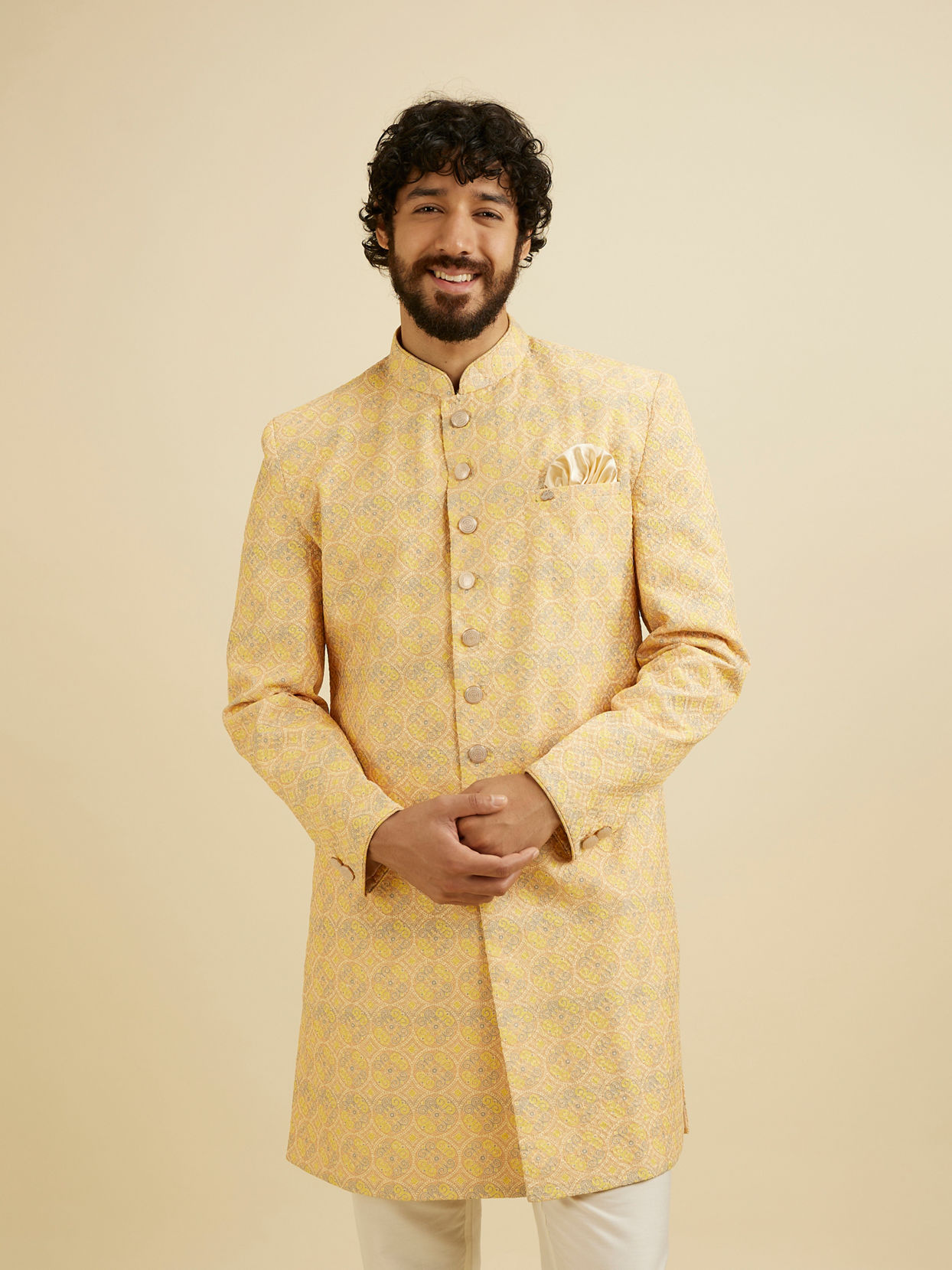 Manyavar Men Luminous Yellow Kurta Pajama Extravaganza
