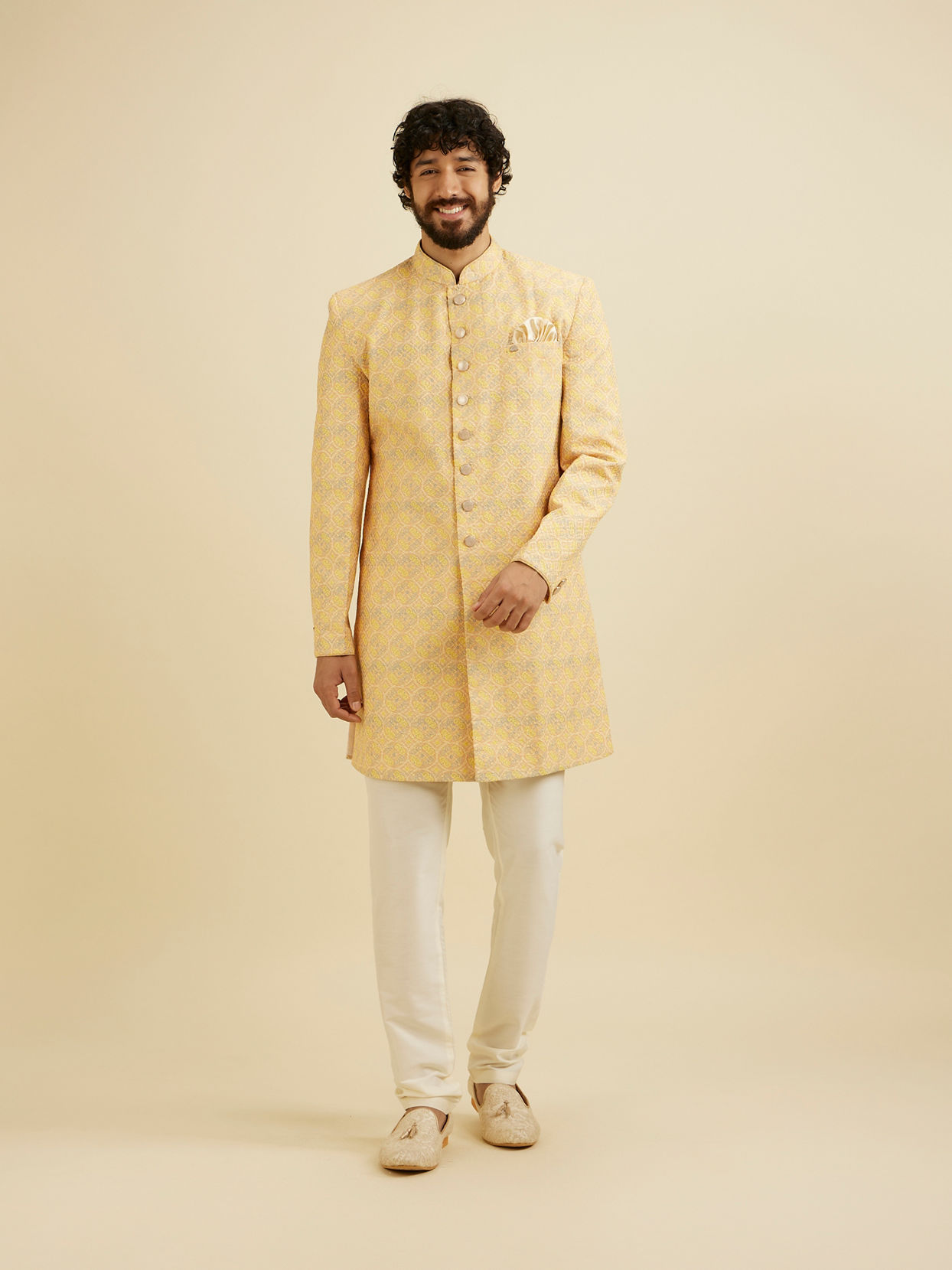 Manyavar Men Luminous Yellow Kurta Pajama Extravaganza image number 2