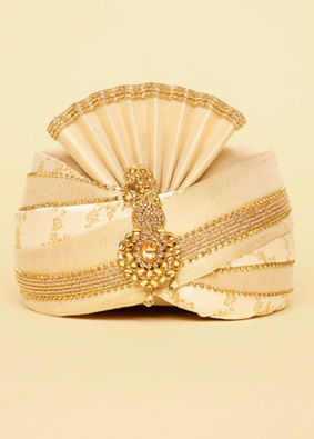 Manyavar Men Antique White Layered Gold Embroidered Safa