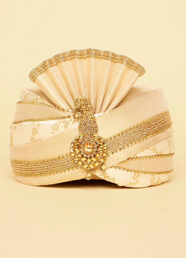 Manyavar Men Antique White Layered Gold Embroidered Safa