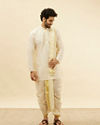 alt message - Manyavar Men Light Beige Zari Bordered Traditional South Indian Pancha Set image number 2