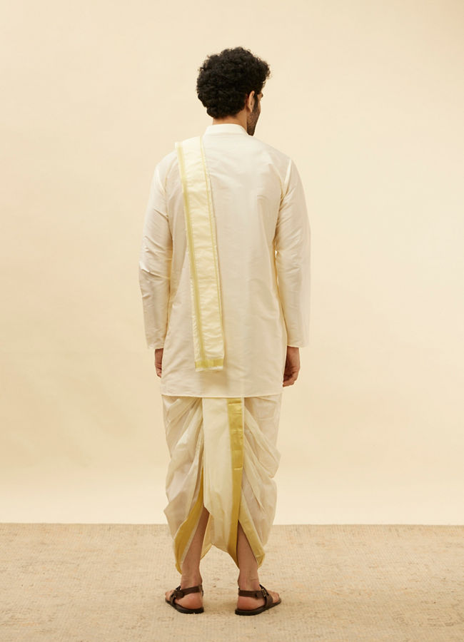 alt message - Manyavar Men Light Beige Zari Bordered Traditional South Indian Pancha Set image number 5