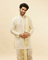 alt message - Manyavar Men Light Beige Zari Bordered Traditional South Indian Pancha Set image number 0