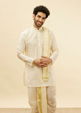 Light Beige Zari Bordered Traditional South Indian Dhoti Set image number 0