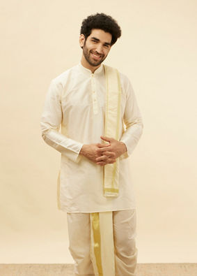 alt message - Manyavar Men Light Beige Zari Bordered Traditional South Indian Pancha Set image number 0