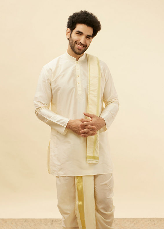 Manyavar Men Light Beige Zari Bordered Traditional South Indian Pancha Set