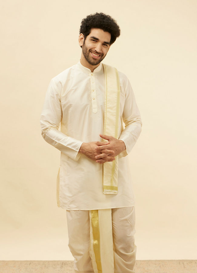 alt message - Manyavar Men Light Beige Zari Bordered Traditional South Indian Pancha Set image number 0