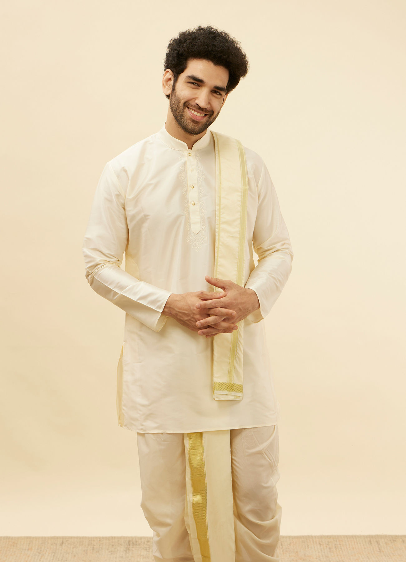 Manyavar Men Light Beige Zari Bordered Traditional South Indian Pancha Set