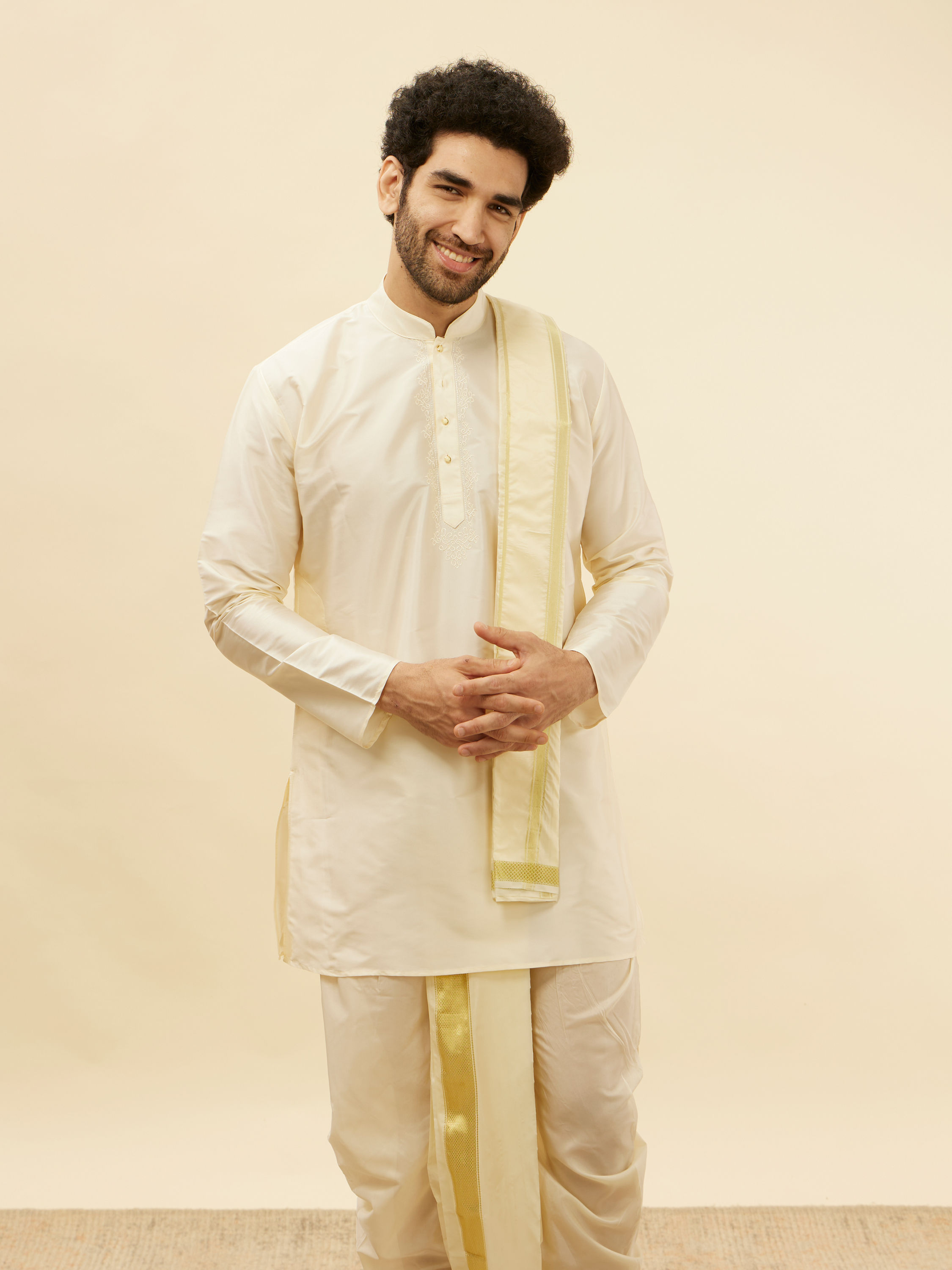 Manyavar Men Light Beige Zari Bordered Traditional South Indian Pancha Set