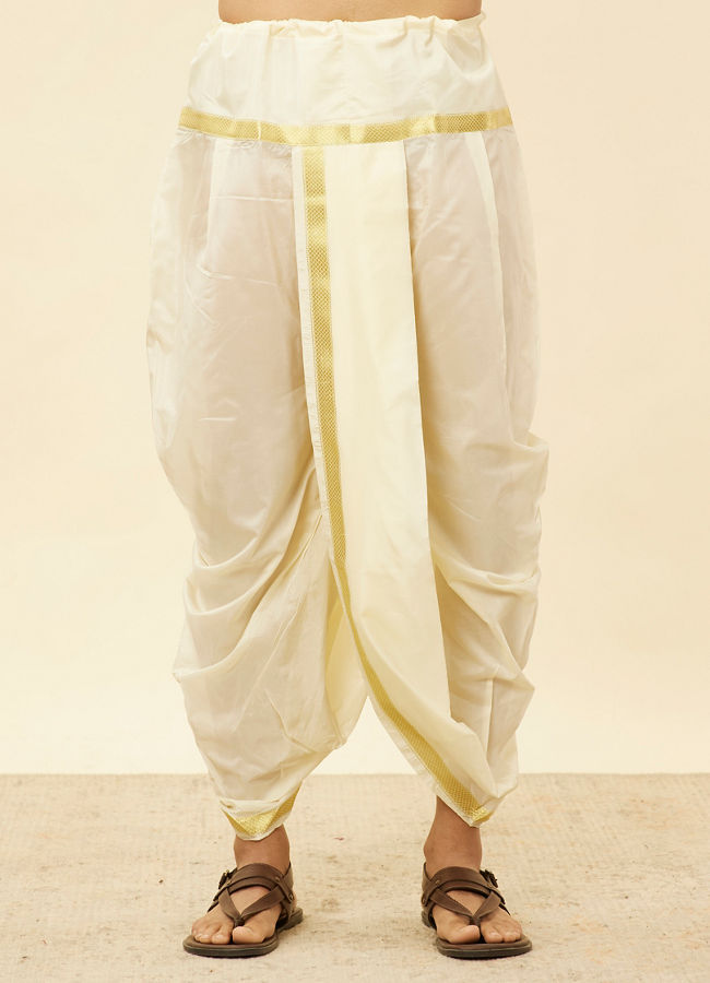 Manyavar Men Light Beige Zari Bordered Traditional South Indian Pancha Set