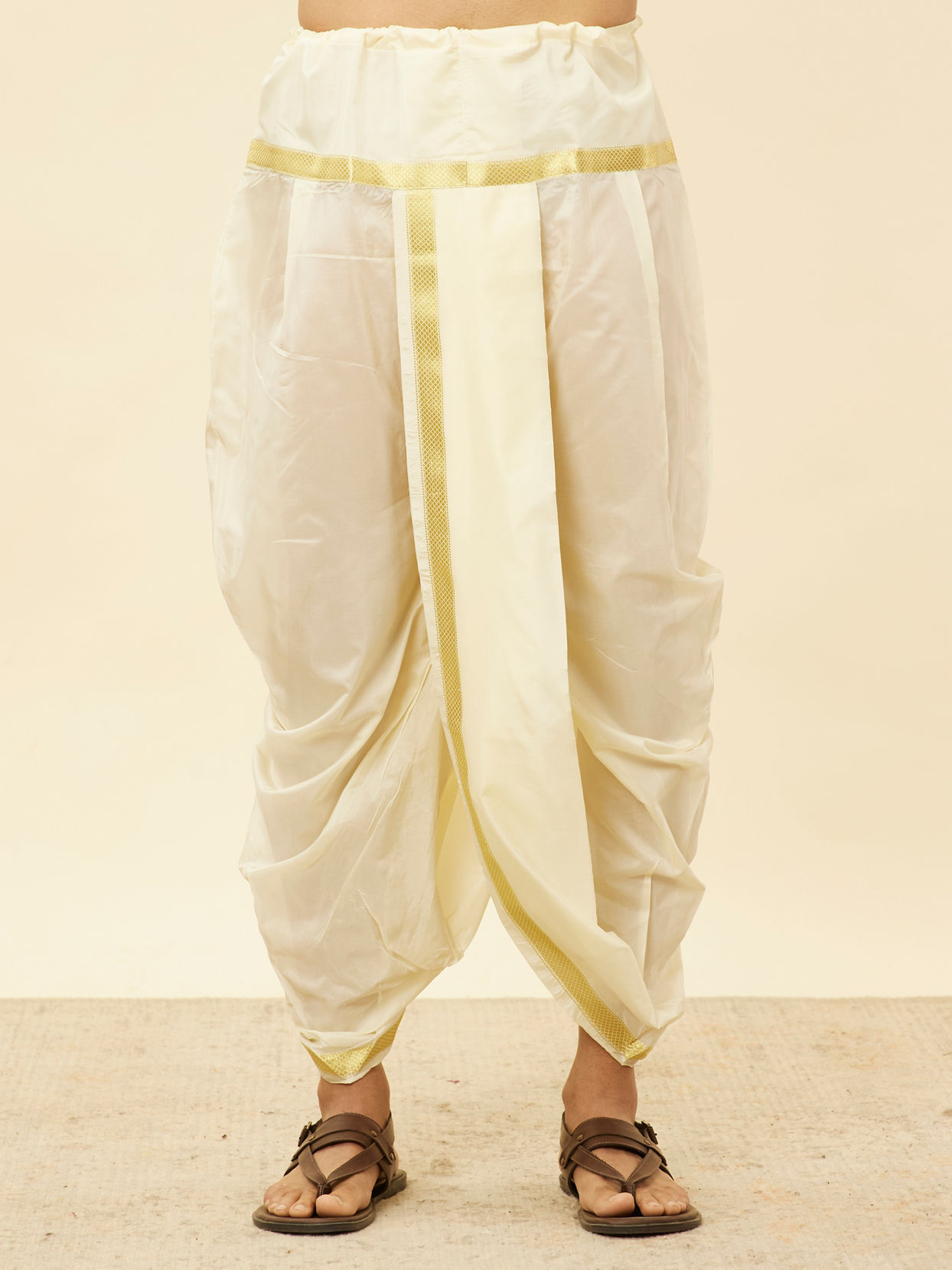 Manyavar Men Light Beige Zari Bordered Traditional South Indian Pancha Set