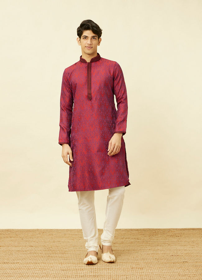 alt message - Manyavar Men Maroon Medallion Patterned Kurta Set image number 2