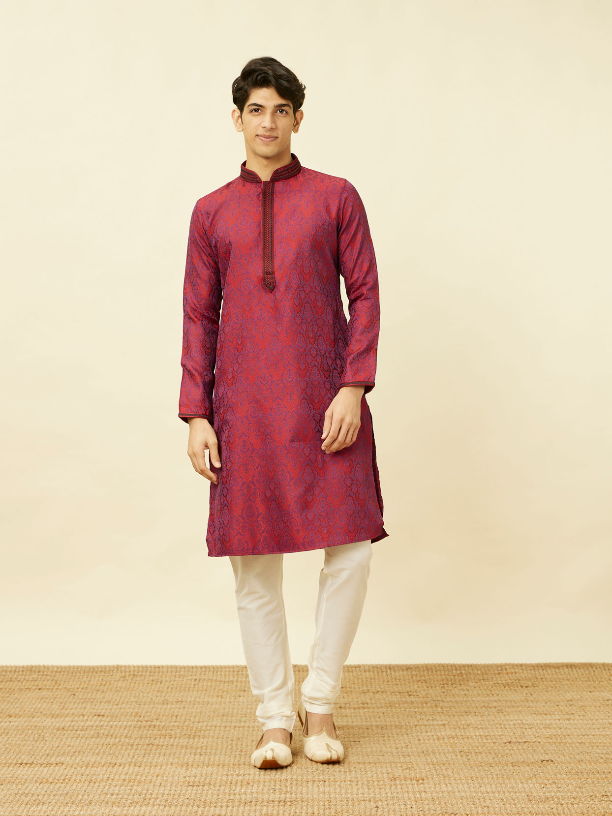 alt message - Manyavar Men Maroon Medallion Patterned Kurta Set image number 2