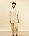 alt message - Manyavar Men Warm White Zari Bordered Traditional South Indian Pancha Set image number 2