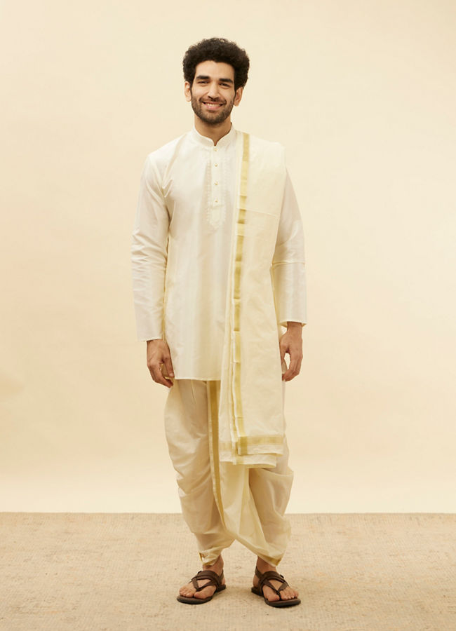 Manyavar Men Warm White Zari Bordered Traditional South Indian Pancha Set