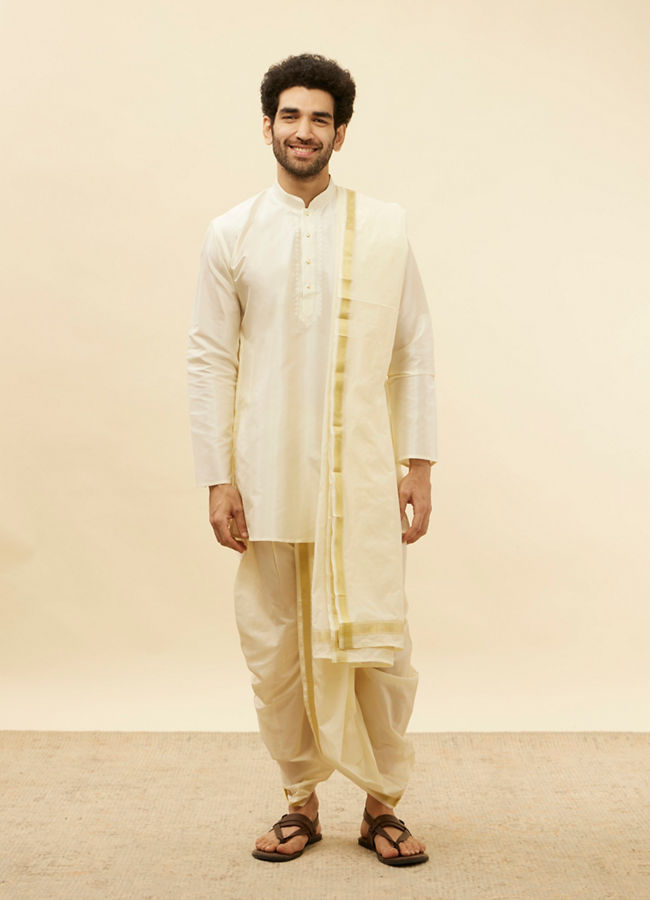 alt message - Manyavar Men Warm White Zari Bordered Traditional South Indian Pancha Set image number 2