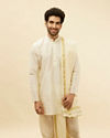 alt message - Manyavar Men Warm White Zari Bordered Traditional South Indian Pancha Set image number 0