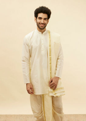 alt message - Manyavar Men Warm White Zari Bordered Traditional South Indian Pancha Set image number 0