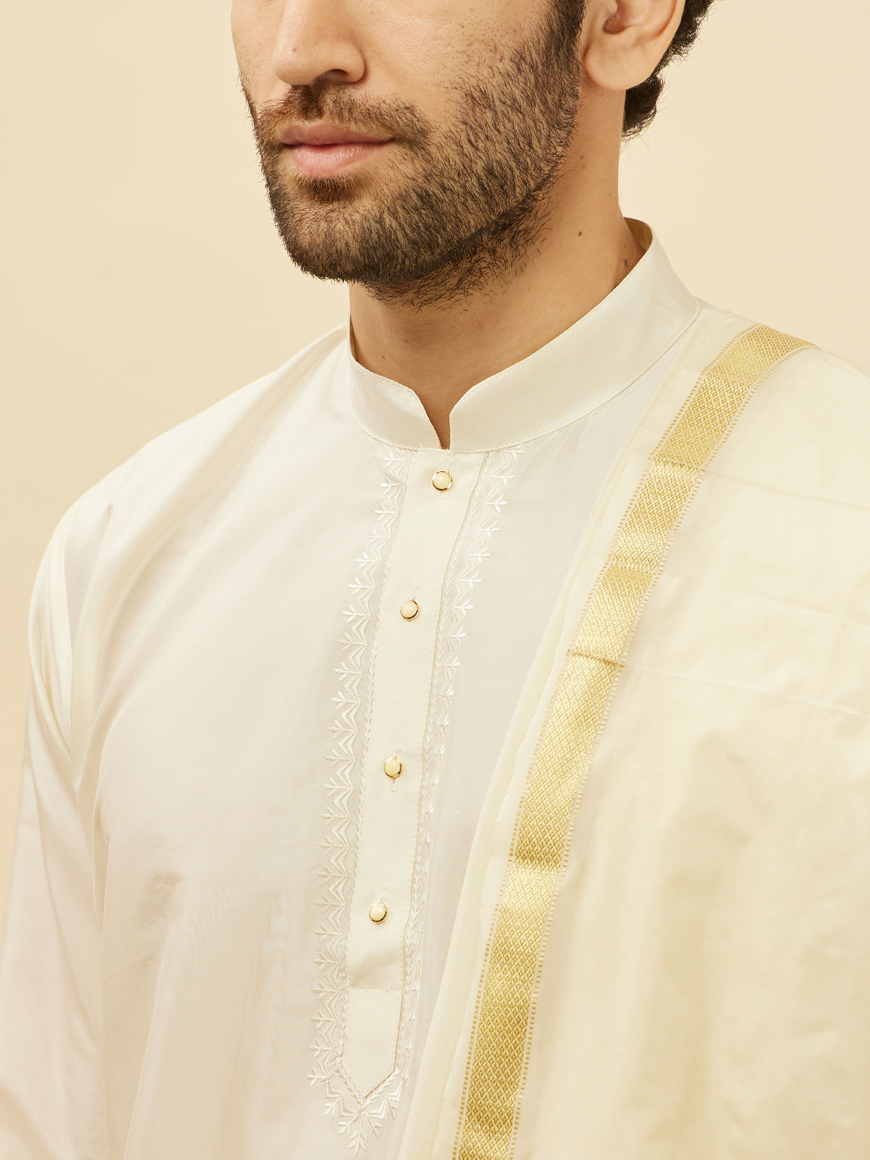 Manyavar Men Warm White Zari Bordered Traditional South Indian Pancha Set
