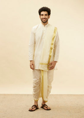 Ivory White Zari Bordered Traditional South Indian Dhoti Set image number 2