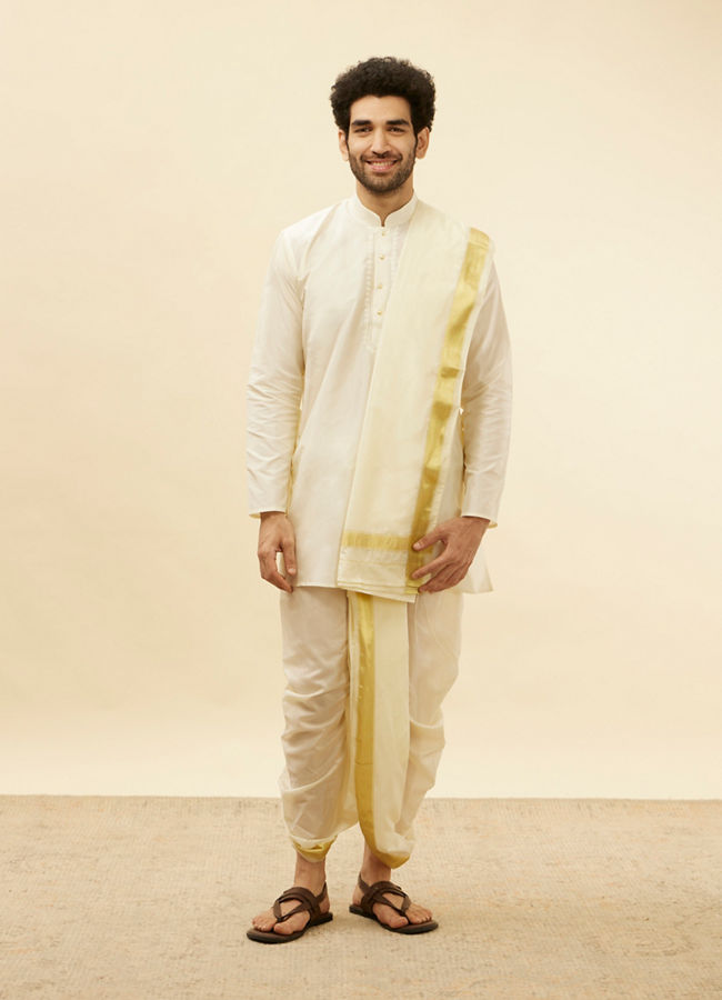 alt message - Manyavar Men Ivory White Zari Bordered Traditional South Indian Pancha Set image number 2