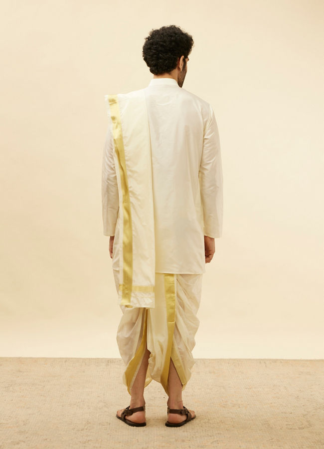 alt message - Manyavar Men Ivory White Zari Bordered Traditional South Indian Pancha Set image number 5