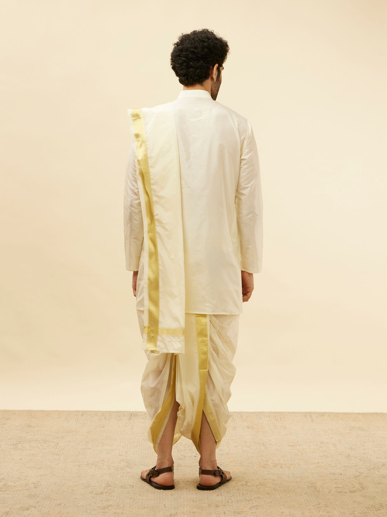 Manyavar Men Ivory White Zari Bordered Traditional South Indian Pancha Set