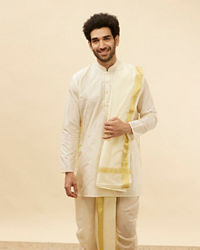 Manyavar Men Ivory White Zari Bordered Traditional South Indian Pancha Set