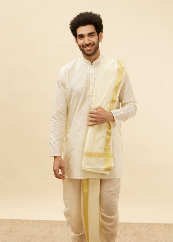 Manyavar Men Ivory White Zari Bordered Traditional South Indian Pancha Set