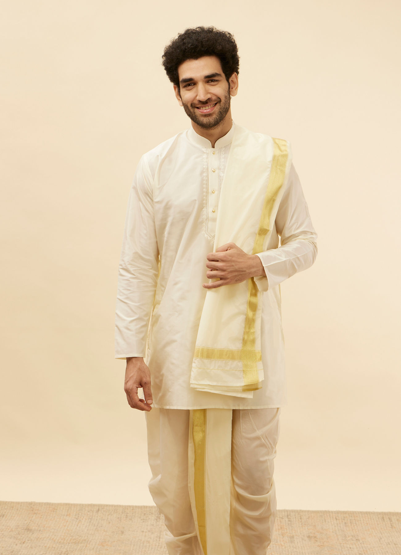 Manyavar Men Ivory White Zari Bordered Traditional South Indian Pancha Set