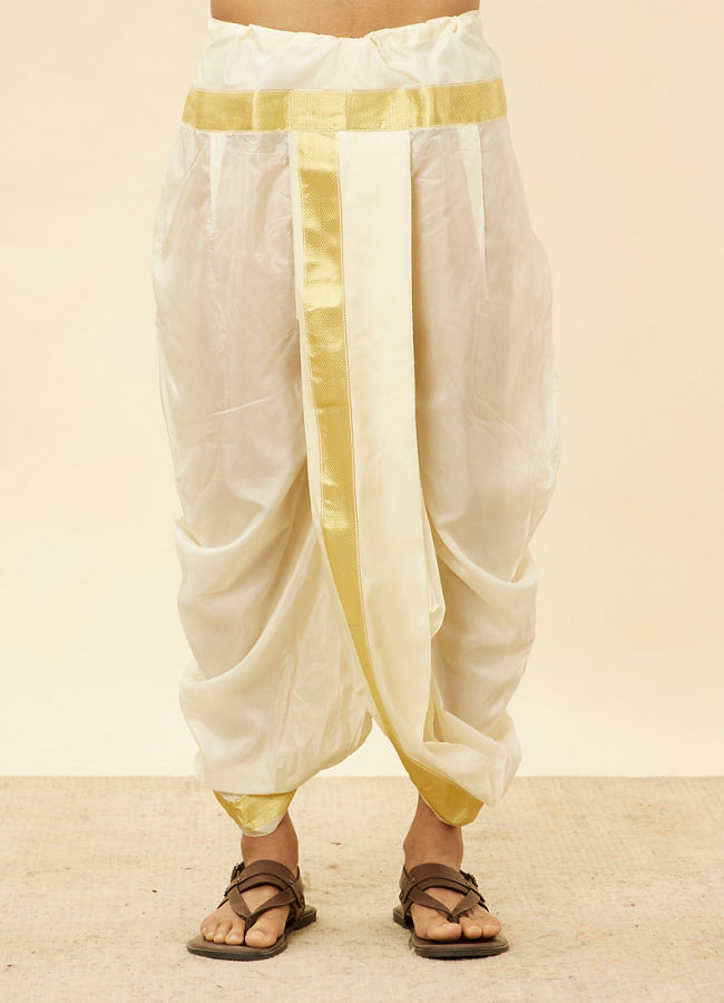 Manyavar Men Ivory White Zari Bordered Traditional South Indian Pancha Set