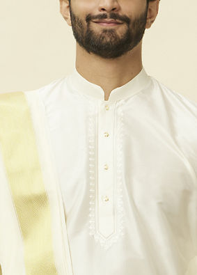 Manyavar Men Warm White Zari Bordered Traditional South Indian Dhoti Set