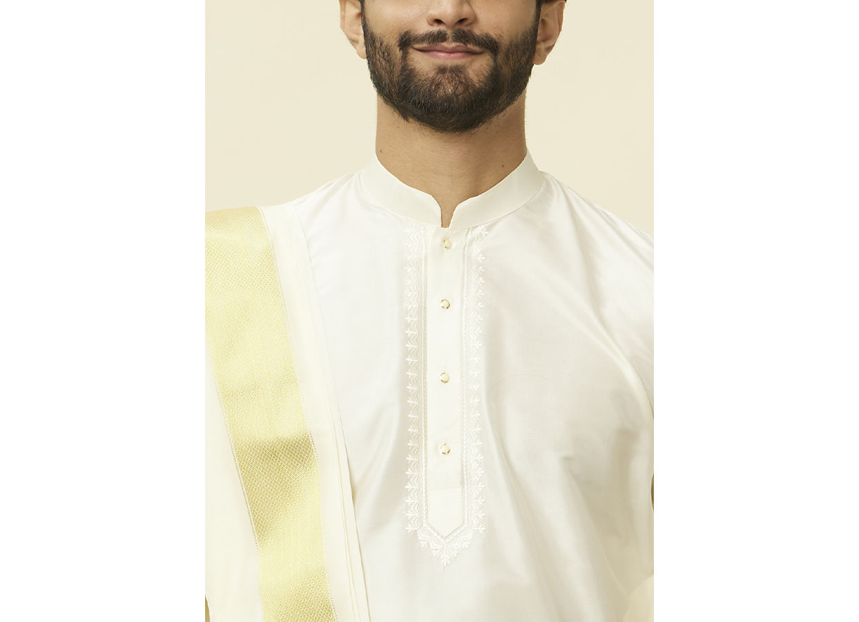Manyavar Men Warm White Zari Bordered Traditional South Indian Dhoti Set