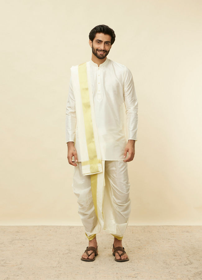 Warm White Zari Bordered Traditional South Indian Dhoti Set image number 2