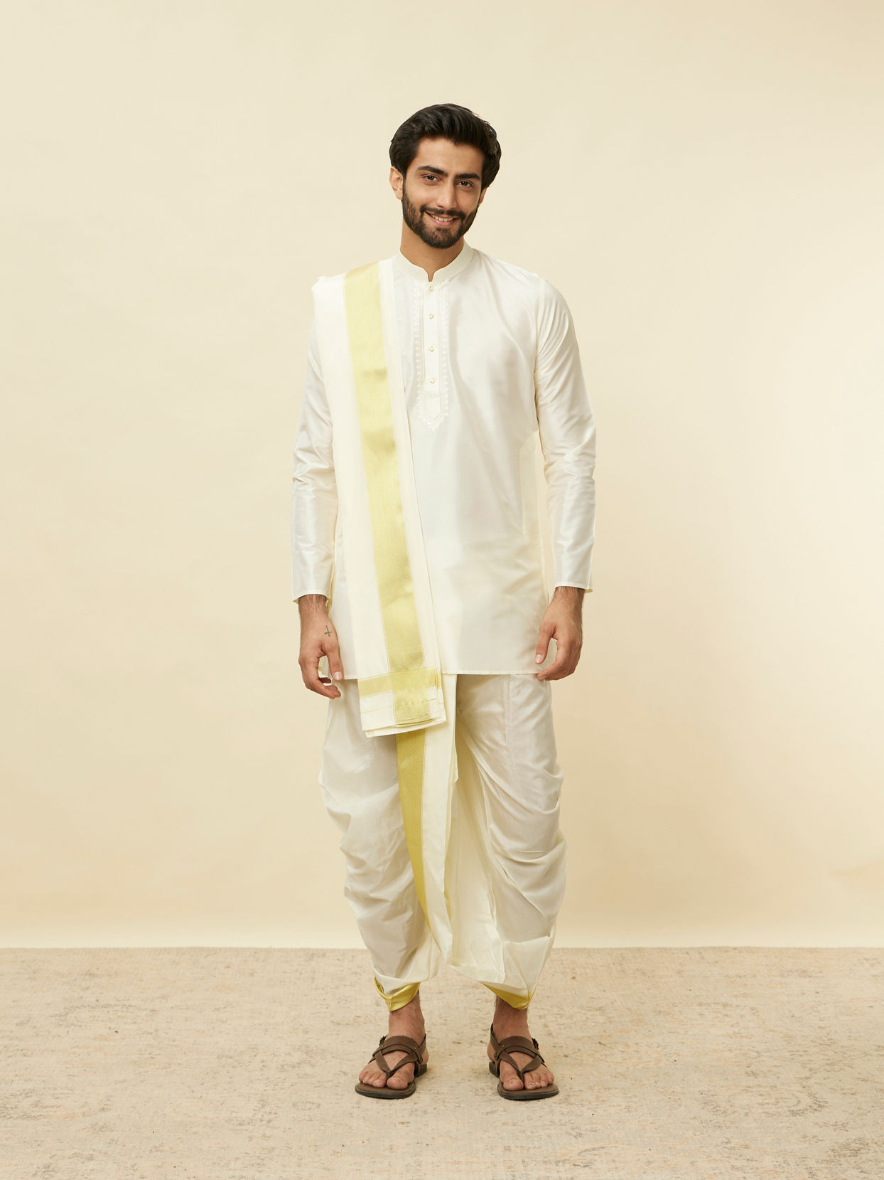 Manyavar Men Warm White Zari Bordered Traditional South Indian Dhoti Set