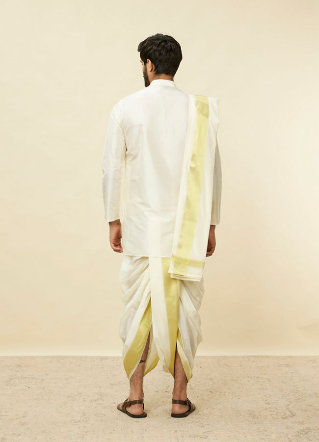Manyavar Men Warm White Zari Bordered Traditional South Indian Dhoti Set