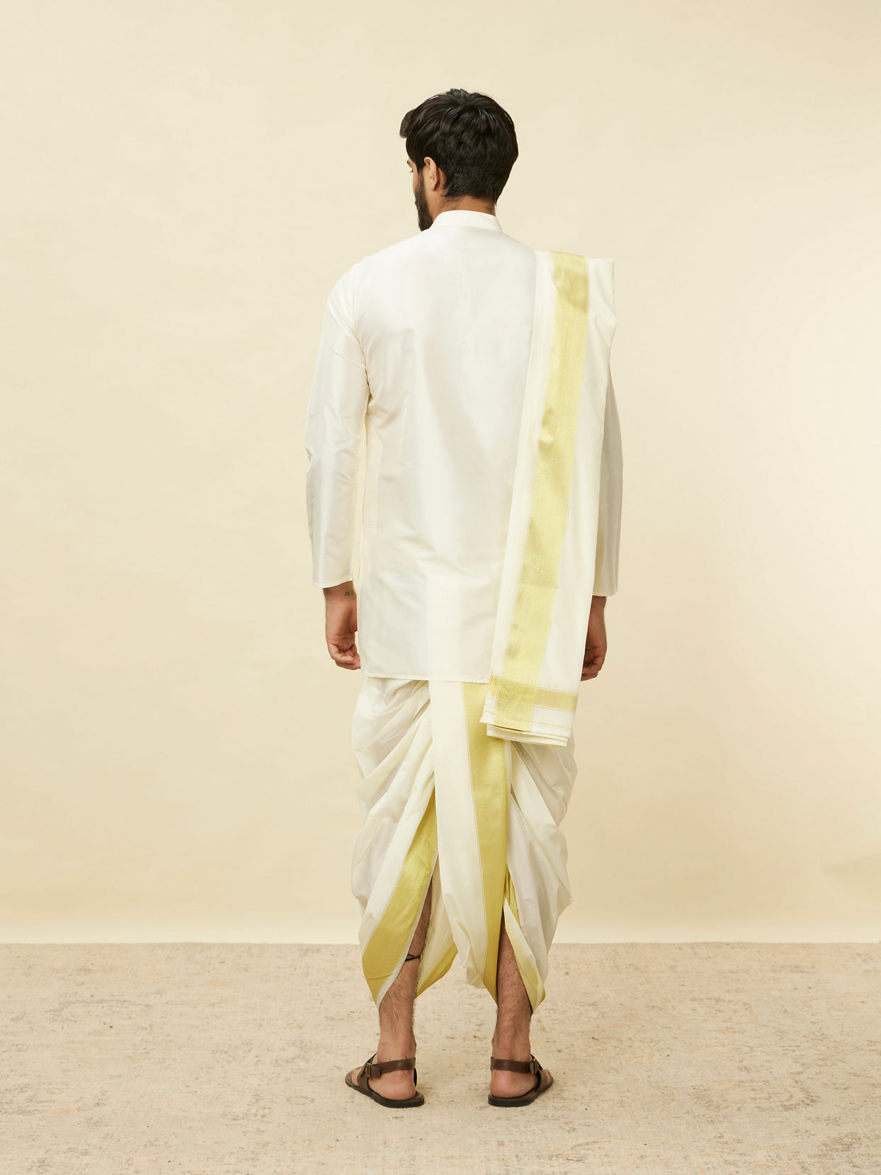 Manyavar Men Warm White Zari Bordered Traditional South Indian Dhoti Set