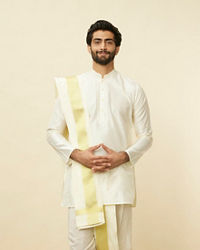 Manyavar Men Warm White Zari Bordered Traditional South Indian Dhoti Set