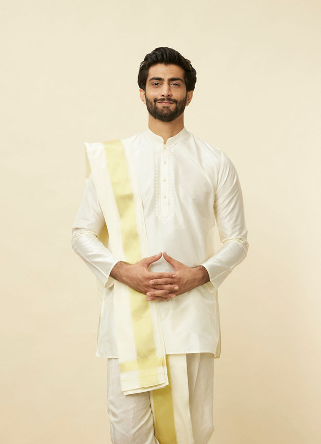 Warm White Zari Bordered Traditional South Indian Dhoti Set image number 0