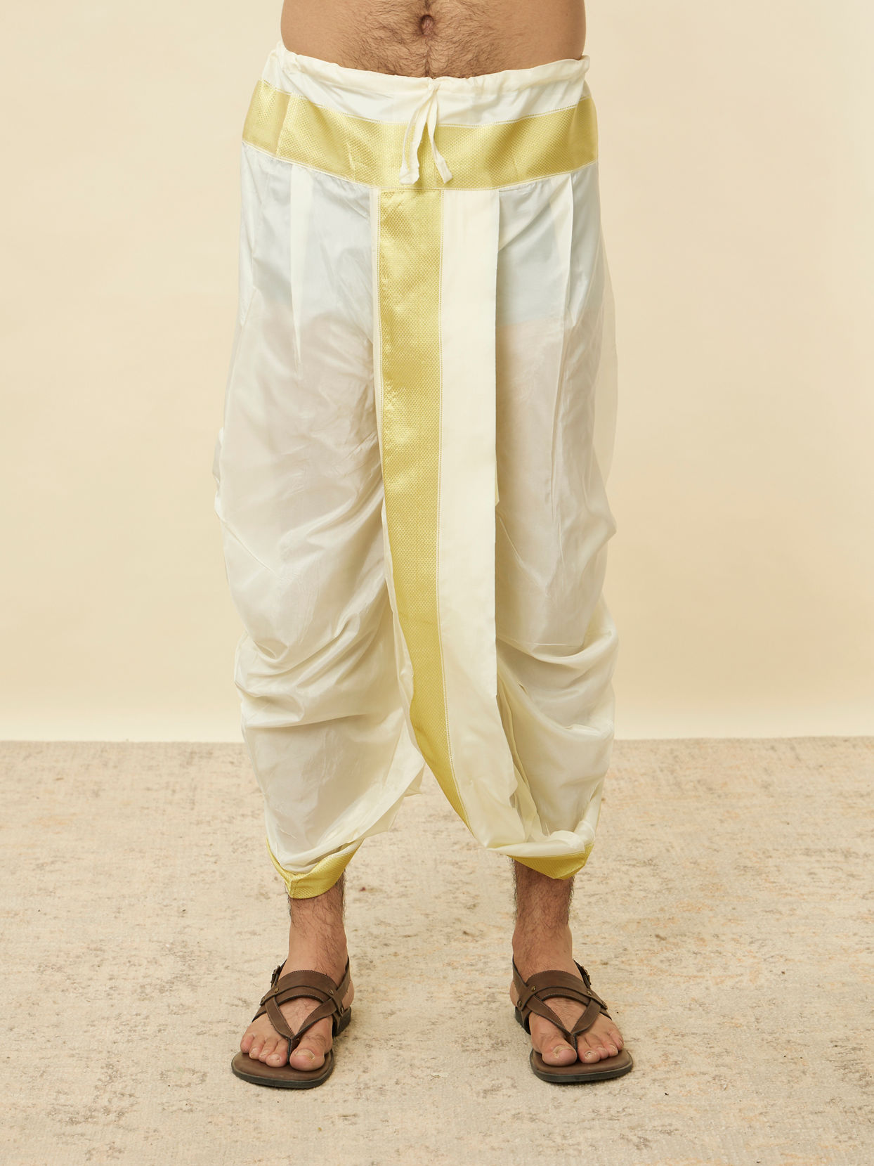 Manyavar Men Warm White Zari Bordered Traditional South Indian Dhoti Set