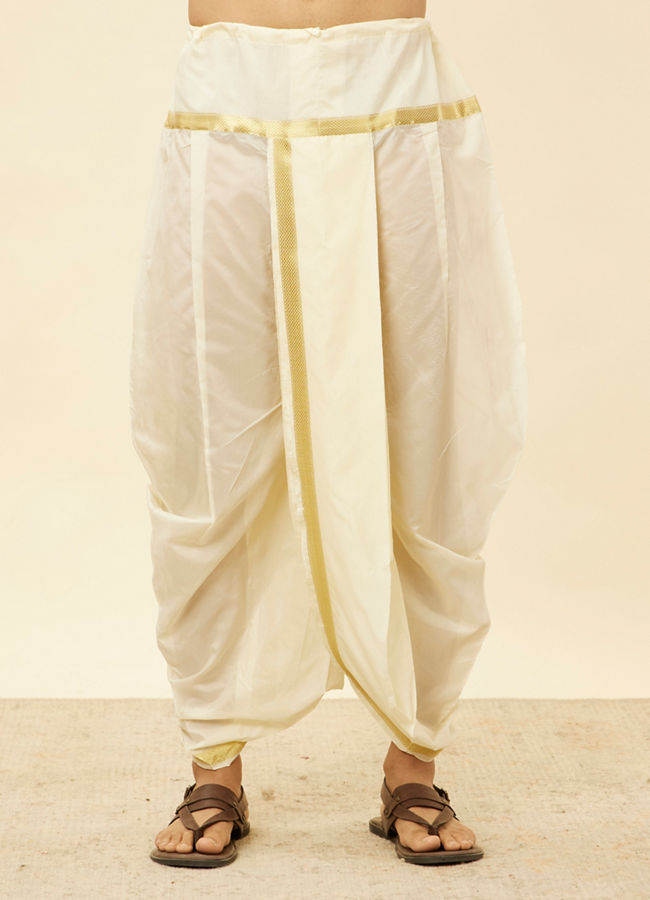 Manyavar Men Warm White Zari Bordered Traditional South Indian Pancha Set