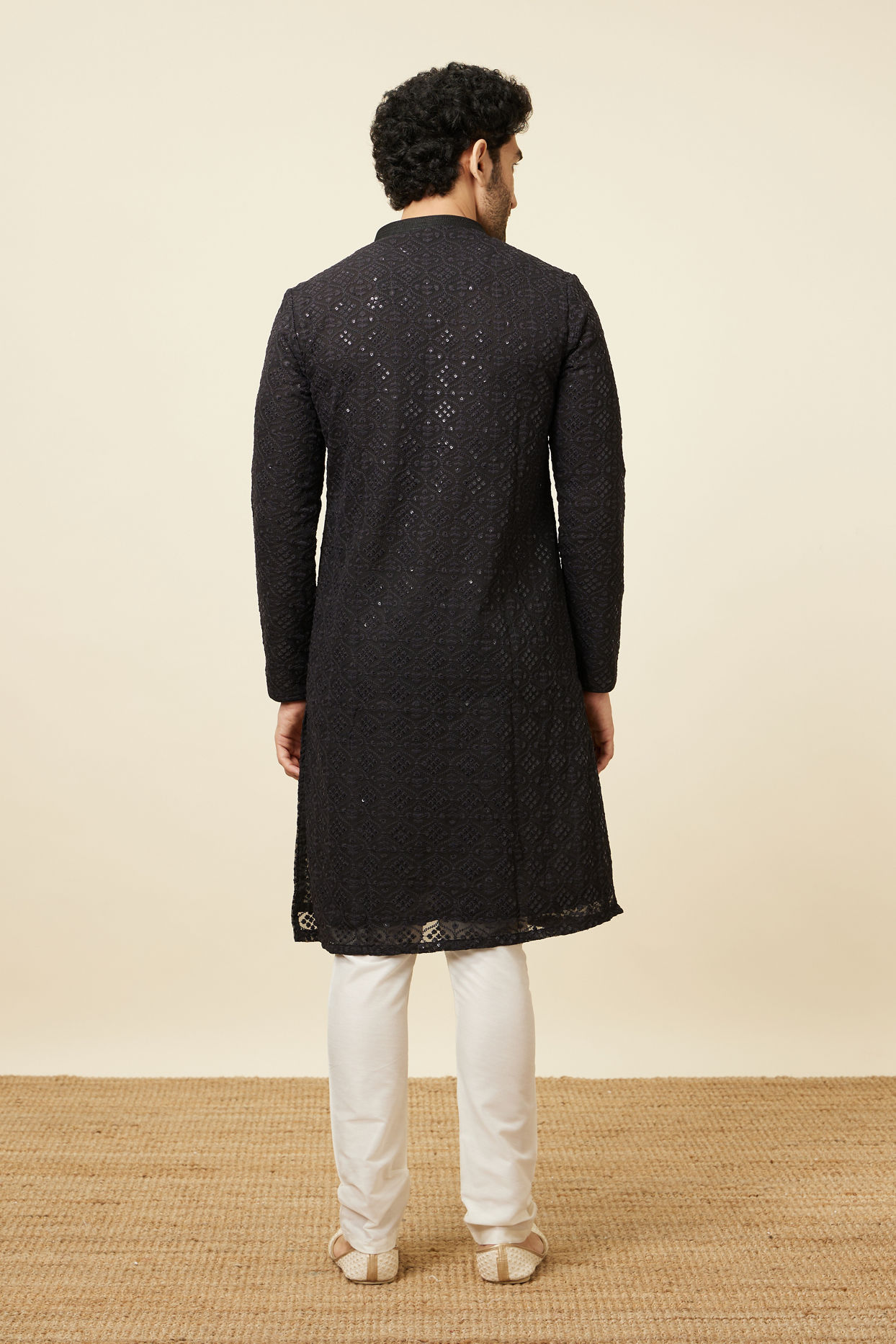 Manyavar Men Black Chikankari Kurta Set with Sequin Embroidery