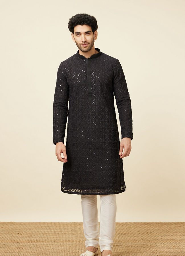 Manyavar Men Black Chikankari Kurta Set with Sequin Embroidery