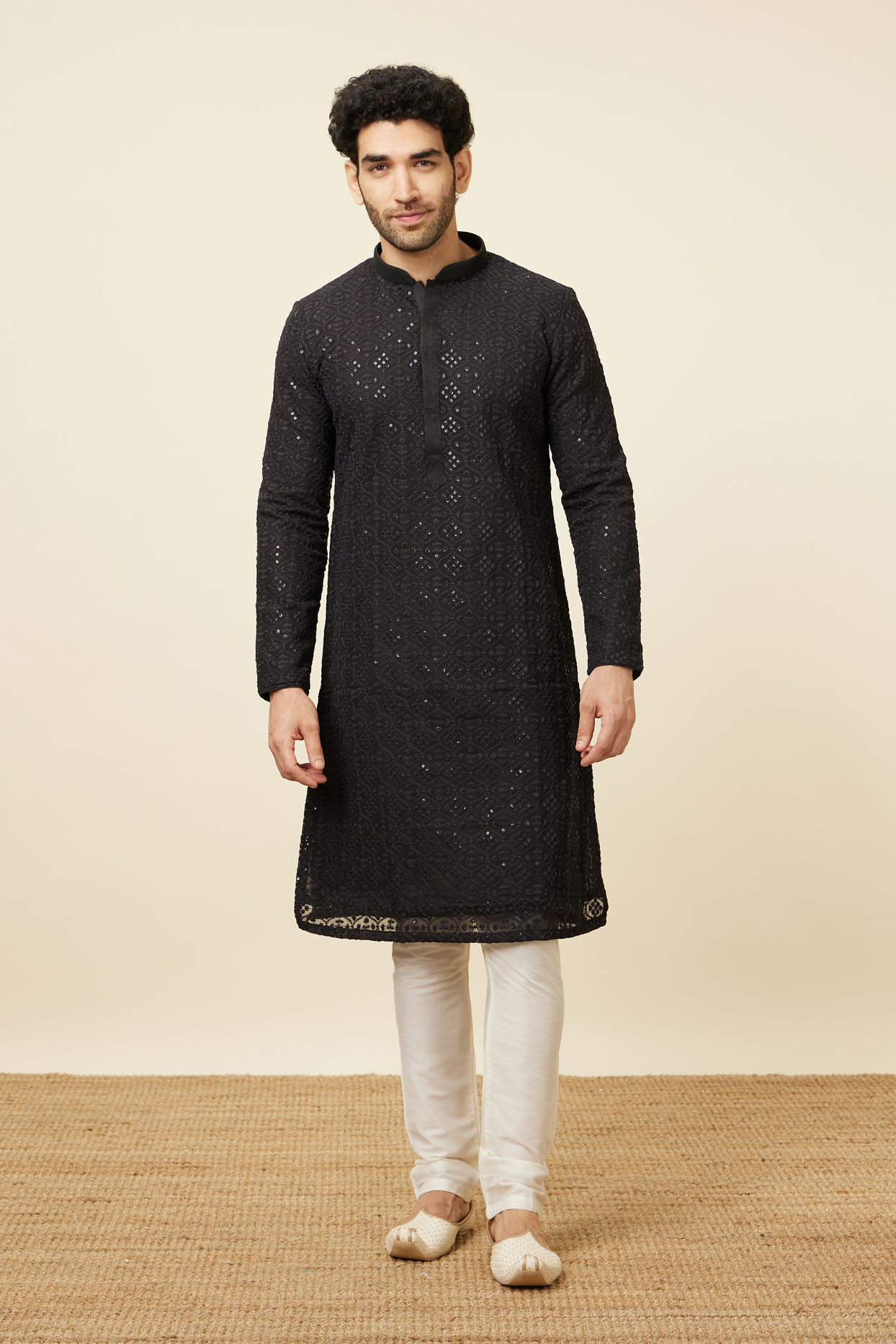 Manyavar Men Black Chikankari Kurta Set with Sequin Embroidery