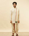 alt message - Manyavar Men Bright Cream Contrast Bordered Traditional South Indian Pancha Set image number 2